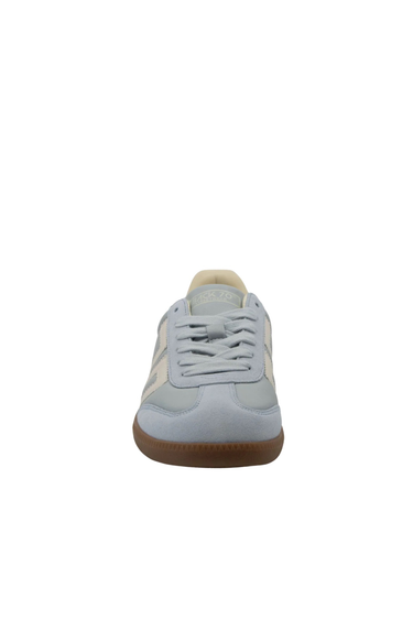 Light blue sneaker with brown sole on a white background