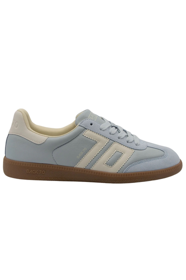 Light blue sneaker with white accents on a white background