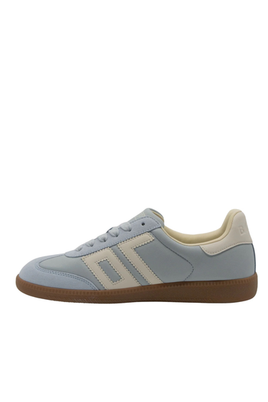 Light blue sneaker with beige accents on a white background