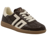 A low-top sneaker featuring a dark brown textured snakeskin pattern, off-white side stripes and laces, a cream collar lining, and a brown gum sole.