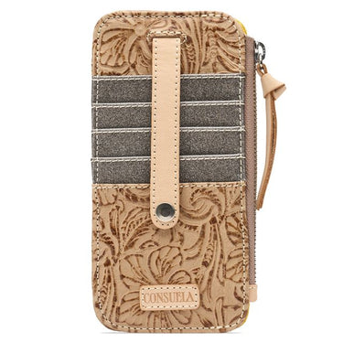 A tan and brown tooled leather wallet with a vertical strap closure, horizontal card slots, and a wristlet zipper pull, shown on a white background.