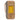 A tan tooled leather zip-around wallet with a textured gray fabric side panel, a yellow ID window, and a wrist strap, shown on a white background.