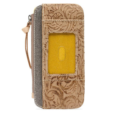 A tan tooled leather zip-around wallet with a textured gray fabric side panel, a yellow ID window, and a wrist strap, shown on a white background.