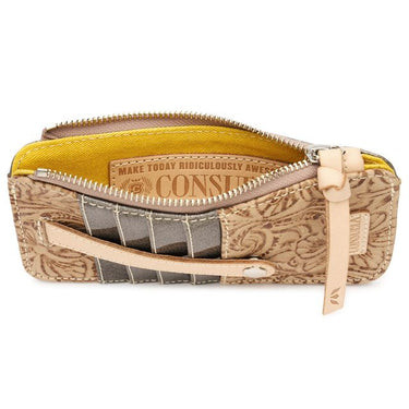 A small zippered wallet or pouch shown open on a white background, featuring a beige and brown embossed floral pattern exterior, a gray textured panel, a tan leather strap, and a bright yellow interior lining. The interior label reads 'CONSULT'.