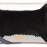 Black and white patterned handbag with a strap on a white background