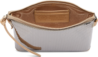 A silver python-textured zippered pouch with a tan interior lining and a matching leather brand patch on the inside flap. The brand 'Make It Funny Wonderful Awesome!' is embossed on the patch.