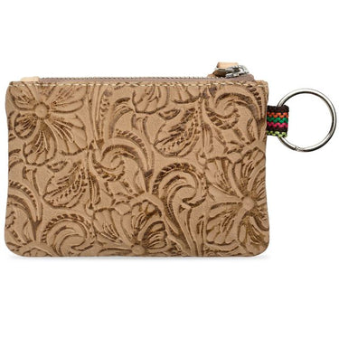 A tan leather zippered pouch with an embossed floral pattern, featuring a silver-tone metal key ring and a small colorful woven strap on the right side, set against a plain white background.