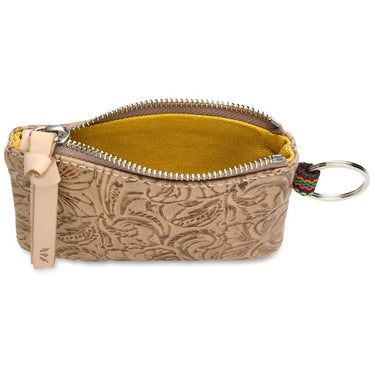 A small zippered pouch with an embossed floral pattern in beige and brown, featuring a bright yellow interior lining, a beige leather pull tab, and a silver metal key ring.