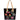 A black quilted patent leather tote bag with beige shoulder straps, decorated with multiple colorful heart-shaped patches on the front.