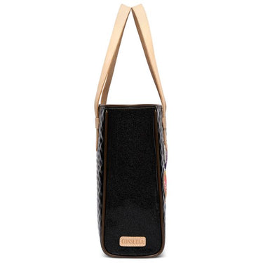 A black tote bag with textured sides, a glossy front panel, and light beige shoulder straps, shown against a plain white background.