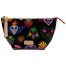 A black zippered pouch featuring a colorful Mexican sugar skull (Calavera) print with hearts, flowers, and skulls in vibrant colors, with a tan leather zipper pull and a gold-tone 'DONDELLAS' brand plaque.