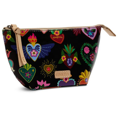 A black zippered cosmetic pouch decorated with colorful Mexican-style heart and flower motifs, featuring a tan leather zipper pull and a small 'CONSUELA' brand patch.