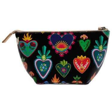 A black zippered pouch decorated with colorful Mexican-style heart motifs, featuring a beige zipper pull, shown against a plain white background.