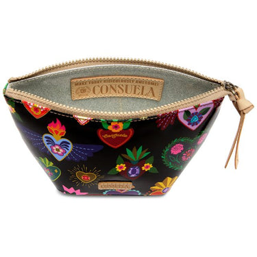 A black zippered cosmetic pouch by Consuela featuring a colorful Mexican-style print with hearts, flowers, and butterflies. The interior is lined with metallic silver material, and the brand name 'CONSUELA' is visible on the interior label.