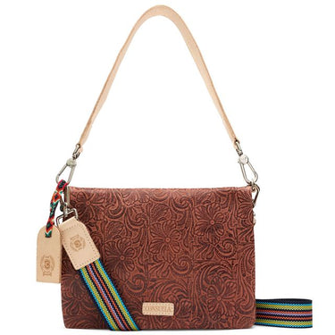 A brown embossed leather shoulder bag with a colorful woven strap and beige leather hangtag, shown on a white background.