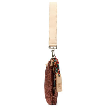 A small brown patterned pouch with a cream shoulder strap, metal clasp, and colorful beaded decorative accents, shown against a plain white background.