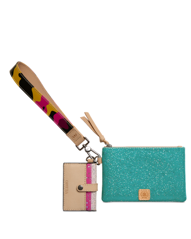 A turquoise glitter zip card holder wallet with a beige wristlet strap and matching beige card sleeve featuring a pink and multicolor patterned accent, shown on a white background.