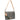 A shoulder bag with a gray and black leopard print pattern, featuring a light tan leather strap and a colorful rainbow-striped elastic band across the front.