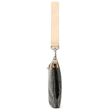 Side profile of a small zip pouch with a black and gray snakeskin pattern, featuring a beige leather strap and zipper pull, and silver-tone hardware, shown against a plain white background.