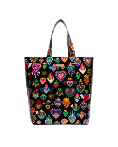 A black tote bag with colorful heart and flame motifs, featuring dual shoulder straps and a small gold-tone brand plaque on the front.