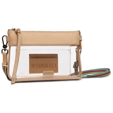 A clear plastic crossbody bag with beige faux-leather trim and a colorful striped strap, featuring a brown leather brand patch on the front that reads 'CONSUELA'.
