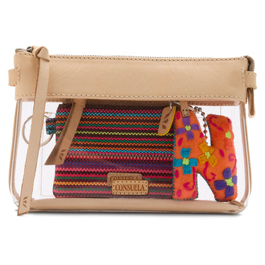A beige leather crossbody bag with a clear front window, shown on a white background. Inside the window, a colorful woven zip pouch and an orange embroidered letter 'N' keychain are displayed.