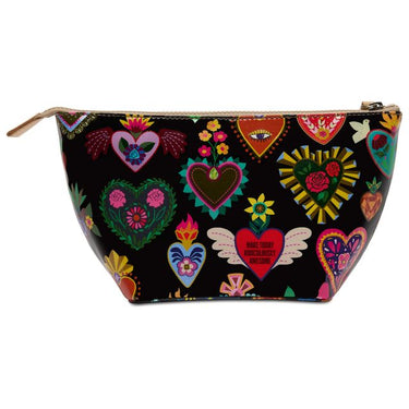 A black zippered cosmetic pouch decorated with a vibrant, colorful folk-art style heart pattern, shown against a plain white background.