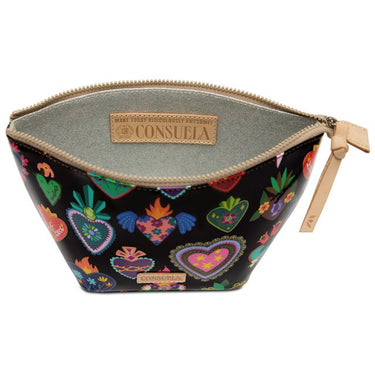 A black zippered pouch with a colorful heart and floral pattern, featuring a light tan interior lining and a matching tan zipper pull. The brand name Consuela is visible on the interior label.
