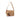A tan embossed leather shoulder bag with a floral pattern, featuring a matching leather hangtag and a colorful woven accent strap.