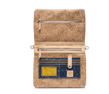 A structured tan leather pouch with embossed floral detailing, featuring a top zipper, a central strap with the text 'MAKE TODAY RIDICULOUSLY AWESOME!', a lower zipper, and a navy blue card holder pocket with a yellow slip pocket.