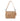 A beige embossed leather crossbody bag with a top zipper, a matching leather strap, and a small hanging tag, shown on a plain white background.
