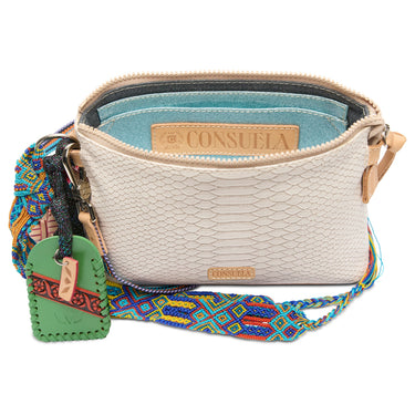 Beige handbag with colorful strap and Consuela logo on a white background