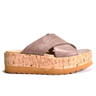 Brown platform sandal with cork sole on a white background