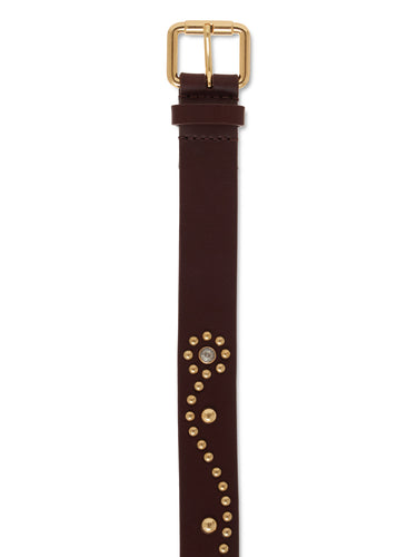 Brown leather belt with gold studs and buckle on a white background