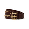 Brown leather belt with gold studs and buckle on a white background