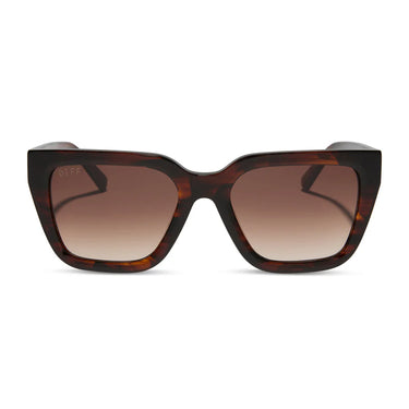 Sunglasses with tortoiseshell frame and brown gradient lenses on a white background
