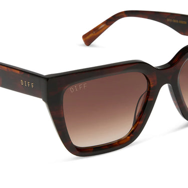 Sunglasses with tortoiseshell frame and gradient lens on a white background