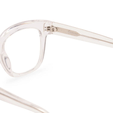 Close-up of a clear eyeglass frame on a white background