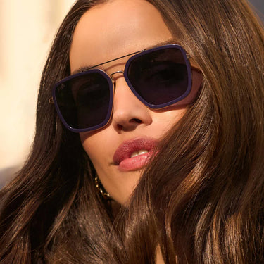 Close-up of a woman wearing large purple sunglasses with a neutral background