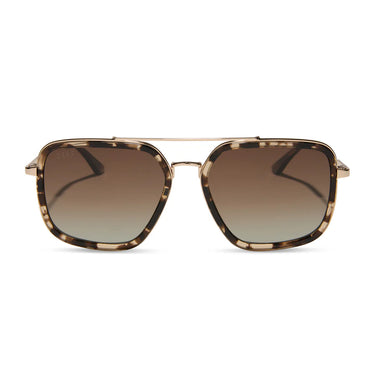 Sunglasses with tortoiseshell frame and brown gradient lenses on a white background