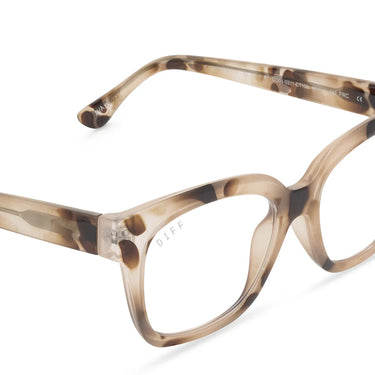 Tortoiseshell eyeglasses on a white background