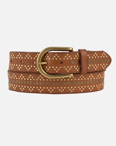 Brown belt with gold studs and a gold buckle on a white background