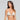 Woman wearing a white crochet bikini top against a gray background