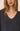 A woman  wearing a gray ribbed v-neck sweater on a white background