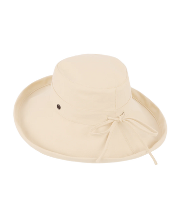 A beige hat on a neutral background