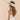 Woman wearing a two-tone straw hat with blue and gray stripes on a beige background