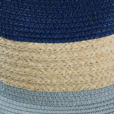 Close-up of a woven basket with blue, beige, and gray layers.