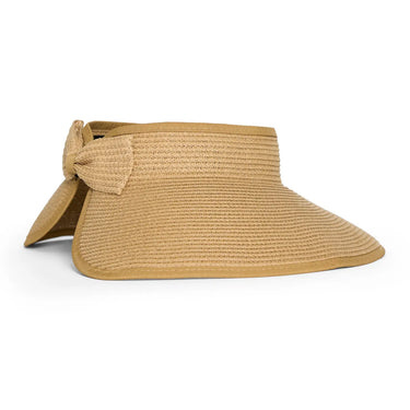 Beige straw visor hat on a white background