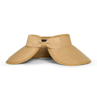 Beige straw visor hat on a white background