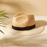Straw hat with a black band on a sandy surface with a plant in the background